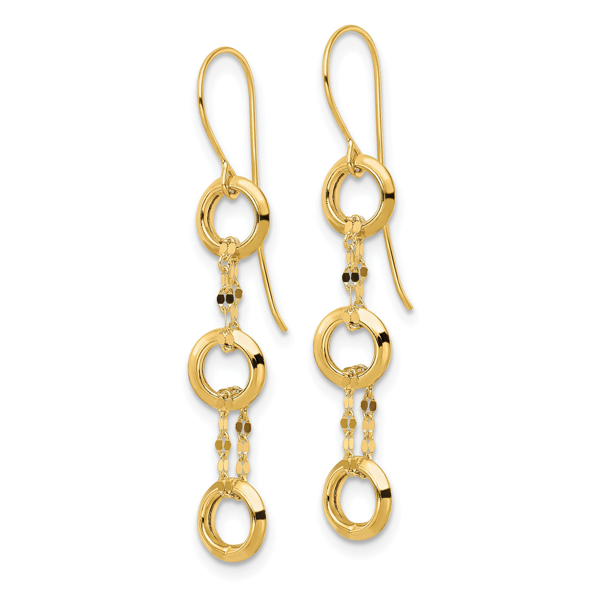 14k Yellow Gold Three Circle and Chain Dangle French Hook Earrings, view 2