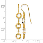 14k Yellow Gold Three Circle and Chain Dangle French Hook Earrings, shown with a ruler for scale