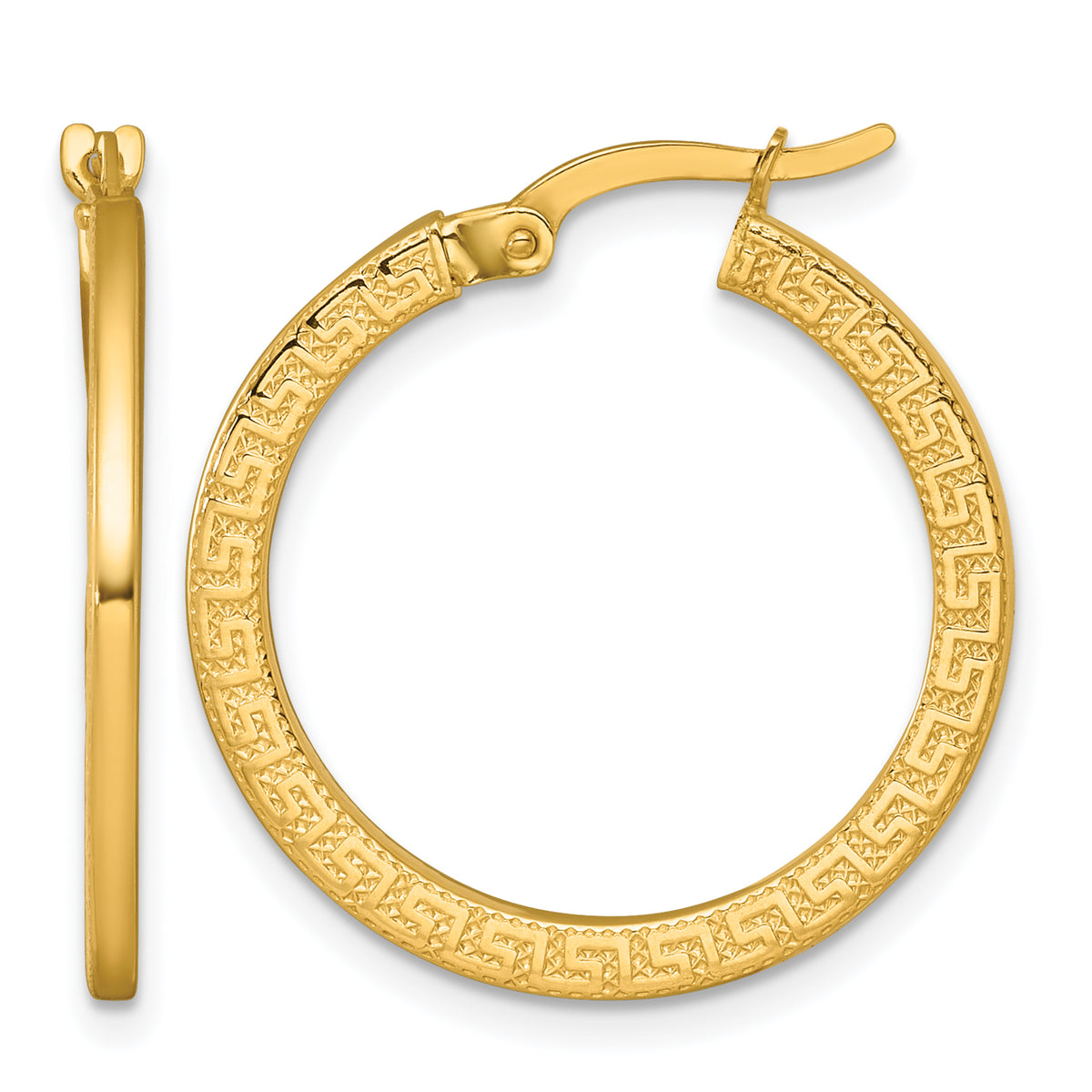 14k Yellow Gold Polished 1.5 x 24mm Textured Greek Key Hoop Earrings
