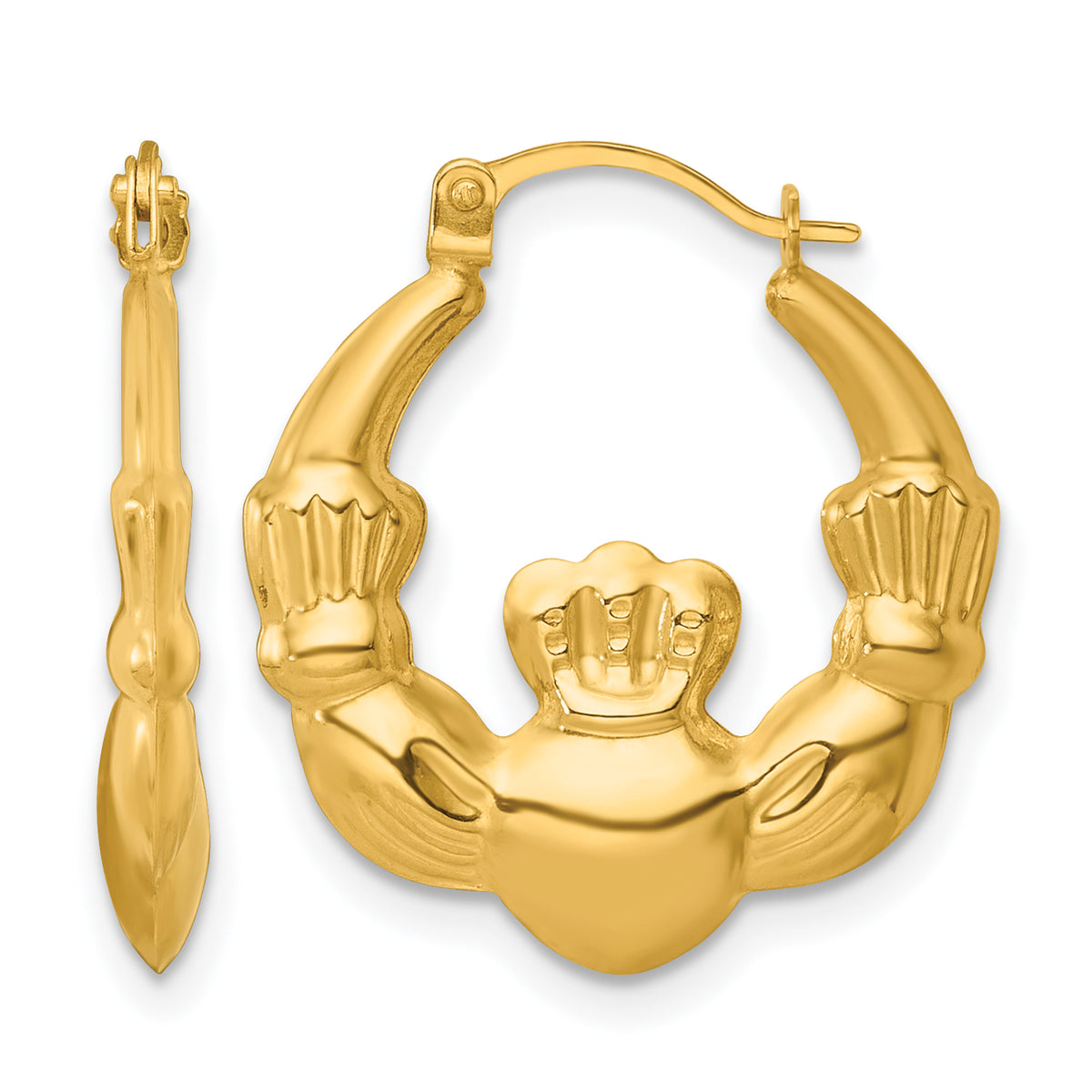 Gold Claddagh Hoop Earrings - 14k Yellow Gold / 3 mm / 19 x 21.5 mm