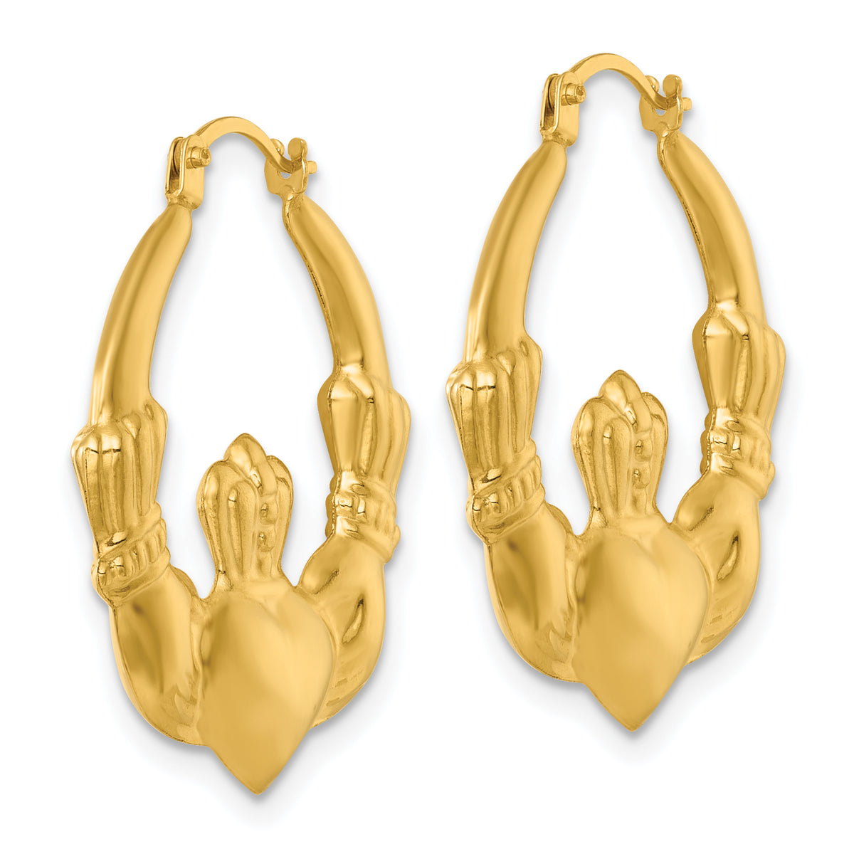 Gold Claddagh Hoop Earrings - 14k Yellow Gold / 4 mm / 23 x 26.5 mm