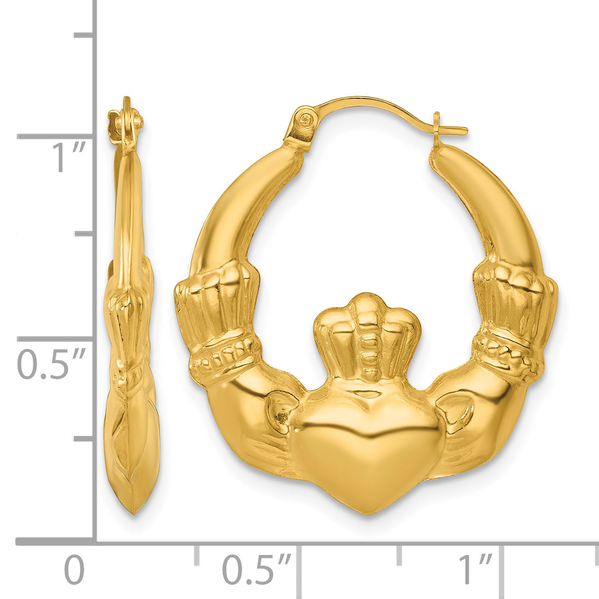 Gold Claddagh Hoop Earrings - 14k Yellow Gold / 4 mm / 23 x 26.5 mm