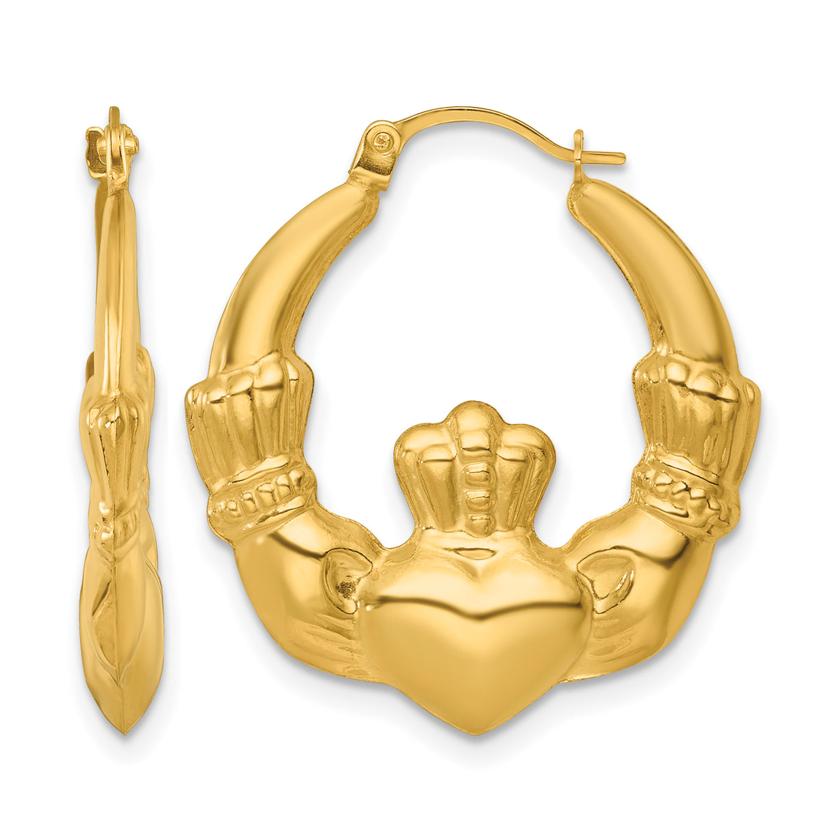 Gold Claddagh Hoop Earrings - 14k Yellow Gold / 4 mm / 23 x 26.5 mm