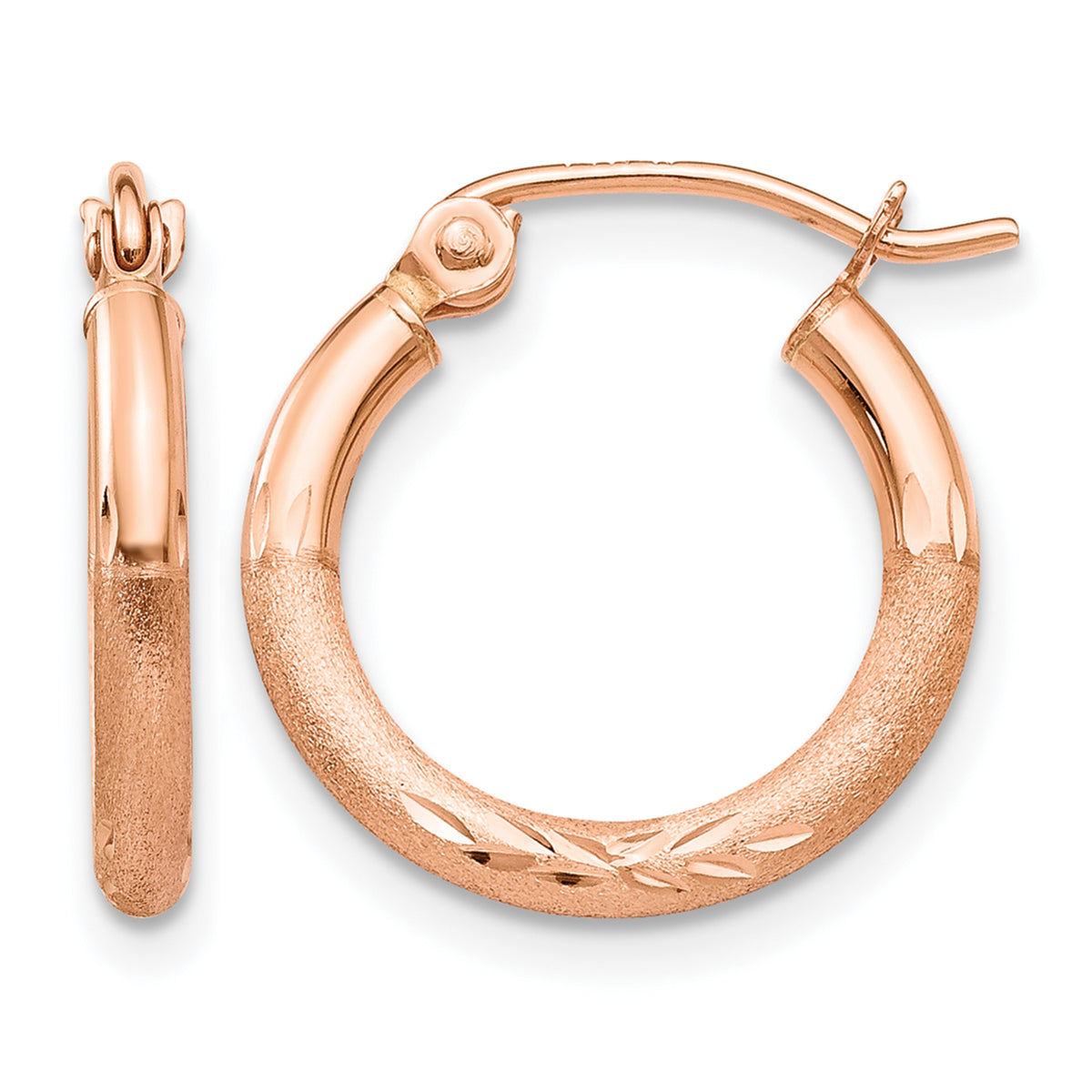 Gold Satin and Diamond-cut Hoop Earrings - 14k Rose Gold / 2 mm / 15 mm