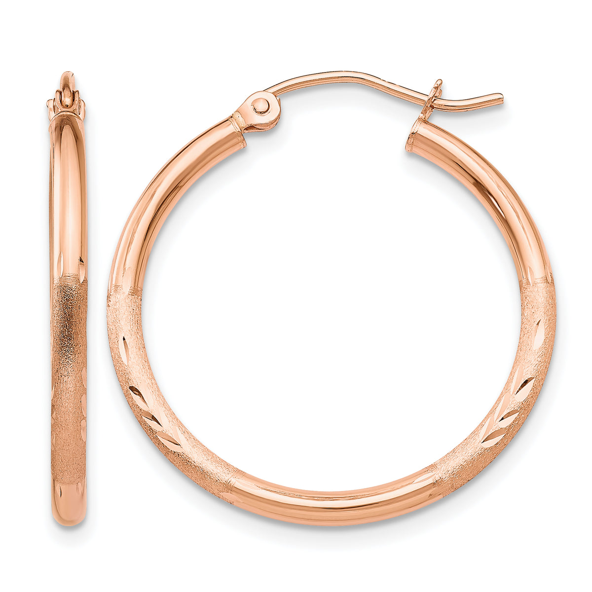 Gold Satin and Diamond-cut Hoop Earrings - 14k Rose Gold / 2 mm / 25 mm