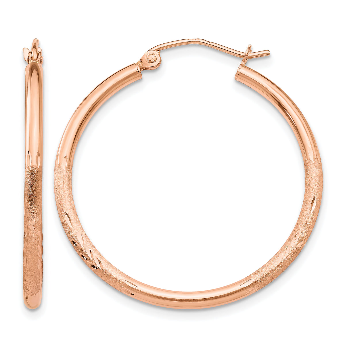 Gold Satin and Diamond-cut Hoop Earrings - 14k Rose Gold / 2 mm / 30 mm