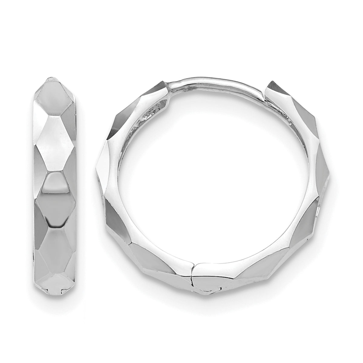 Gold Diamond-cut Circle Hinged Hoop Earrings - 14k White Gold / 2 mm, Diamond-Cut
