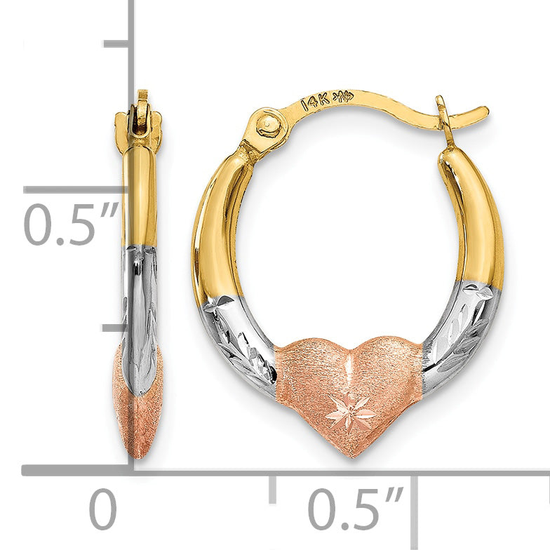 14K and White and Rose Rhodium Heart Hoop Earrings