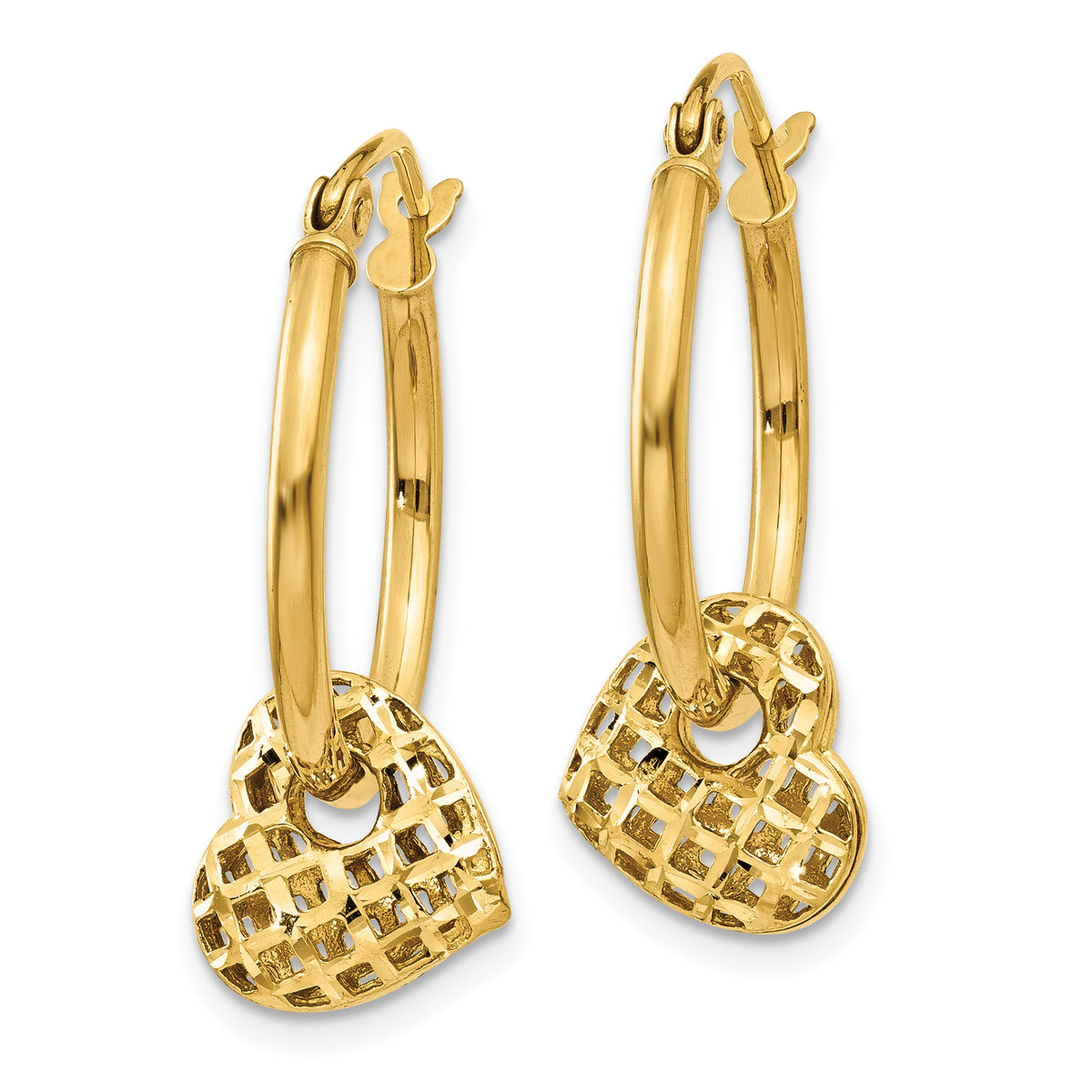 14k Yellow Gold Moveable Heart Hoop Earrings, view 2