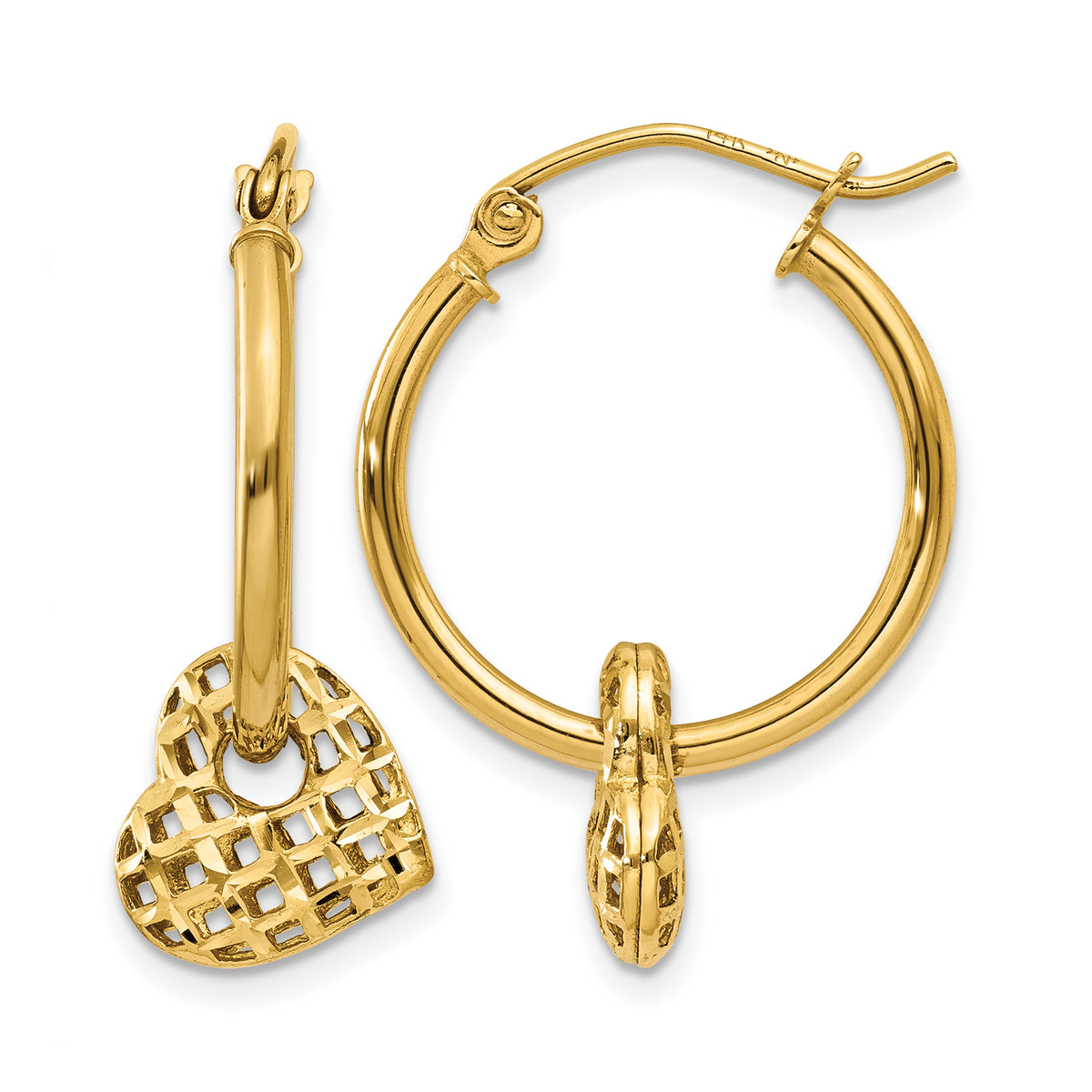 14k Yellow Gold Moveable Heart Hoop Earrings