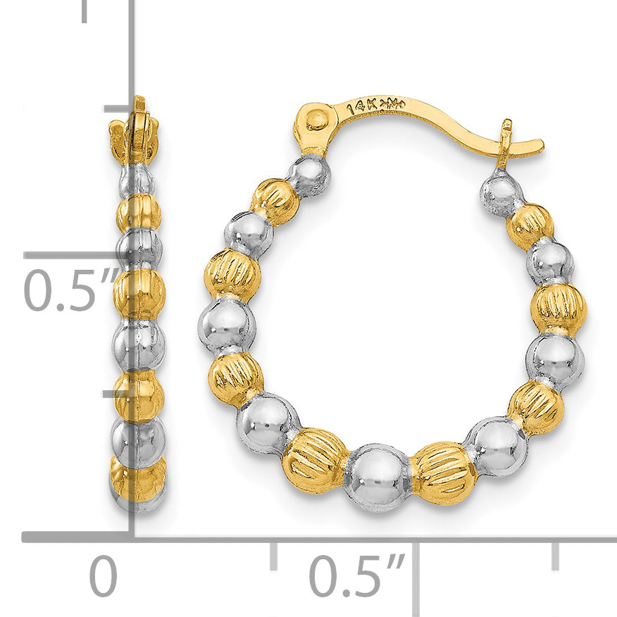 14k Gold and Rhodium 18mm Beaded Hoop Earrings, shown with a ruler for scale