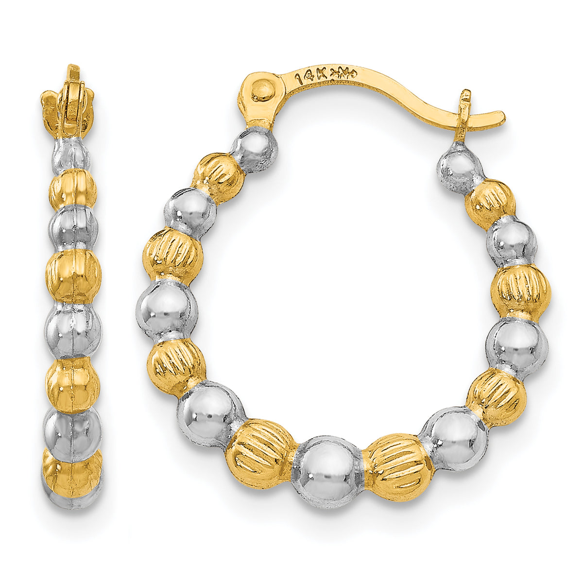 14k Gold and Rhodium 18mm Beaded Hoop Earrings