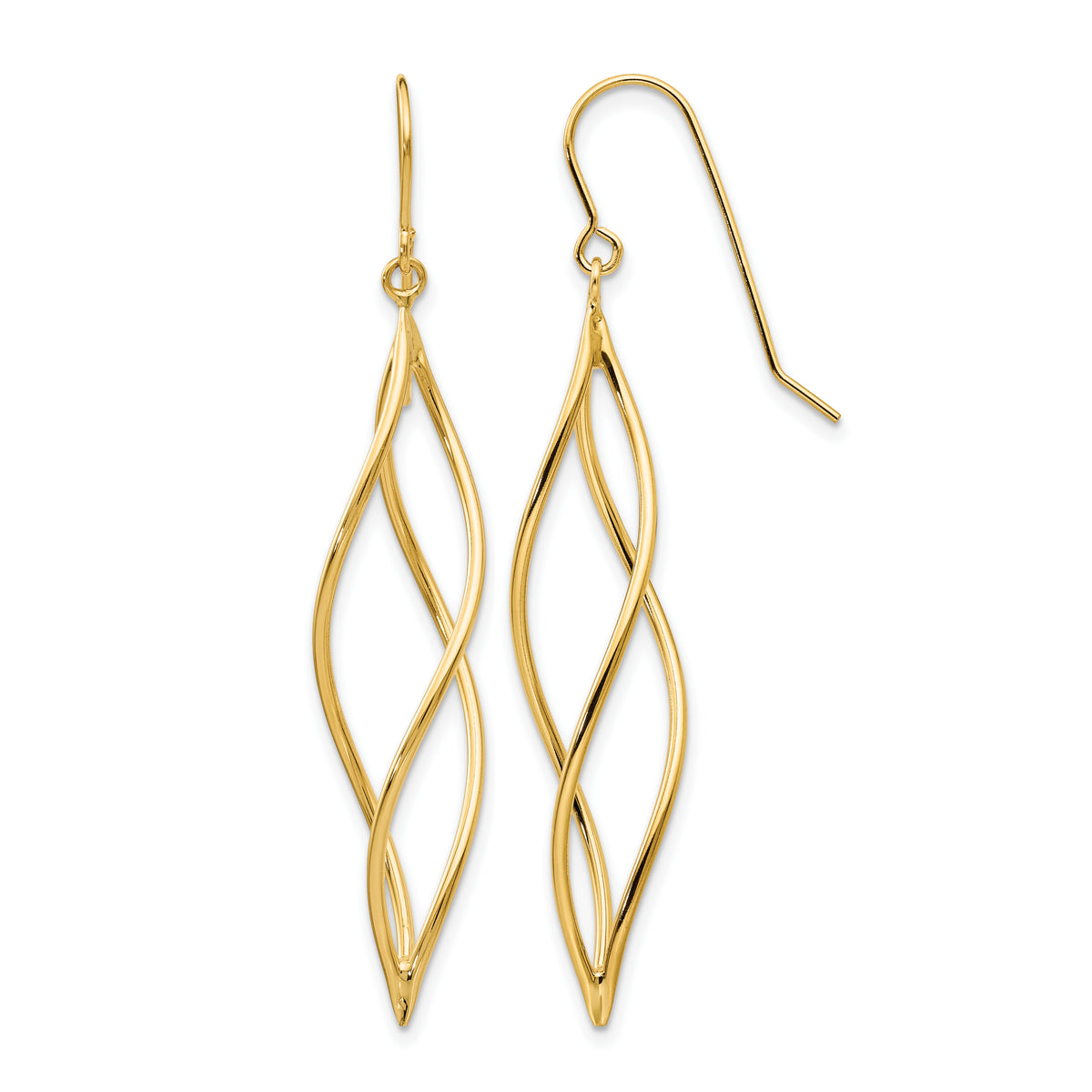 14k Yellow Gold Polished Long Twisted Swirl Drop French Hook Earrings