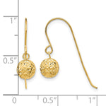 14k Gold 6mm Diamond-cut Bead Dangle French Hook Earrings, shown with a ruler for scale - 14k Yellow Gold