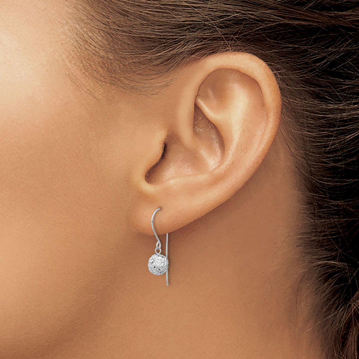 14k Gold 6mm Diamond-cut Bead Dangle French Hook Earrings, view 3 - 14k White Gold