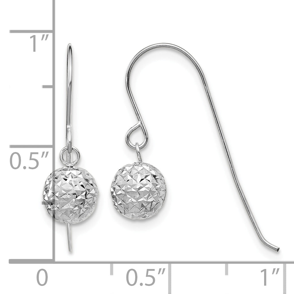 14k Gold 6mm Diamond-cut Bead Dangle French Hook Earrings, shown with a ruler for scale - 14k White Gold