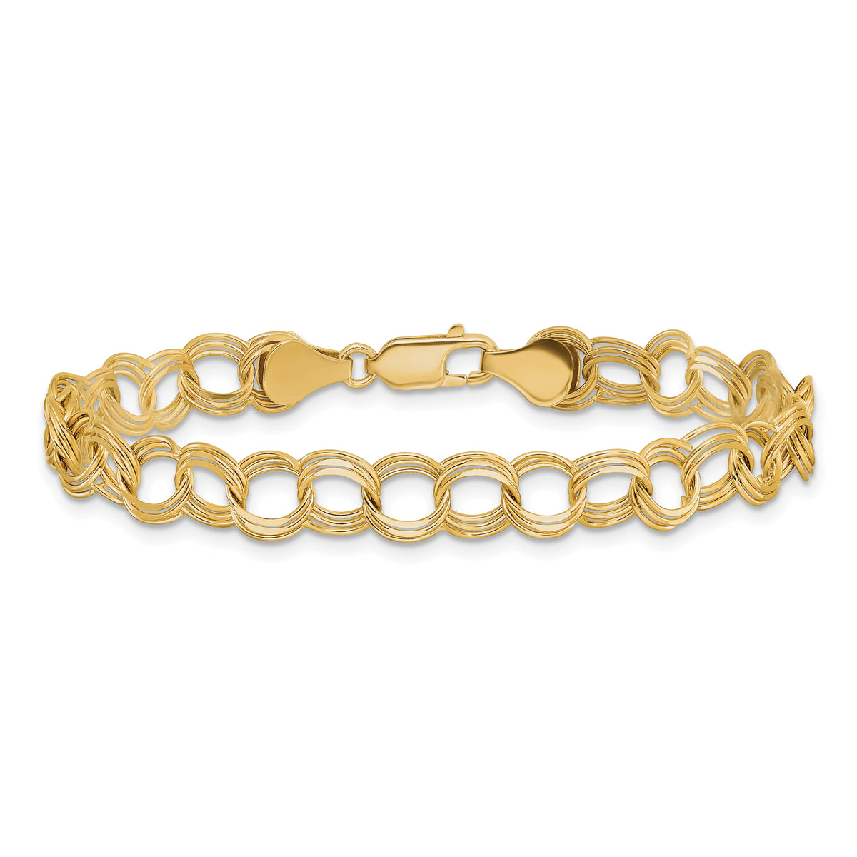 14k Yellow Gold 7mm Solid Triple Link Charm Bracelet, view 3 - 7 in