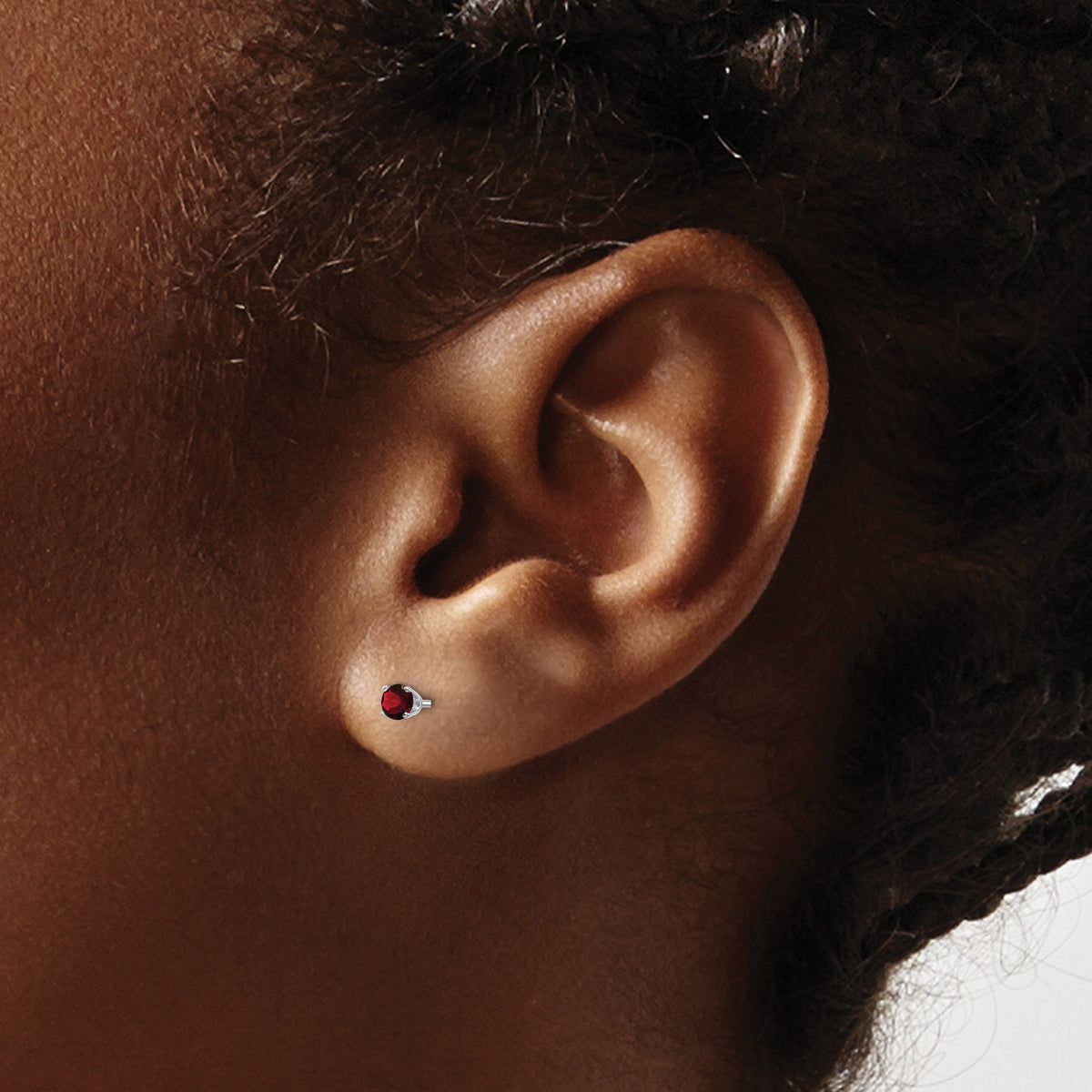 14k Round Gemstone Post Earrings - 14k White Gold / Garnet / 3 mm