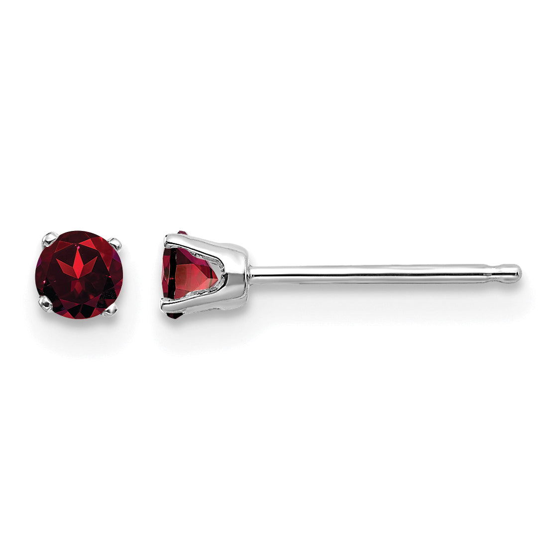 14k Round Gemstone Post Earrings - 14k White Gold / Garnet / 3 mm