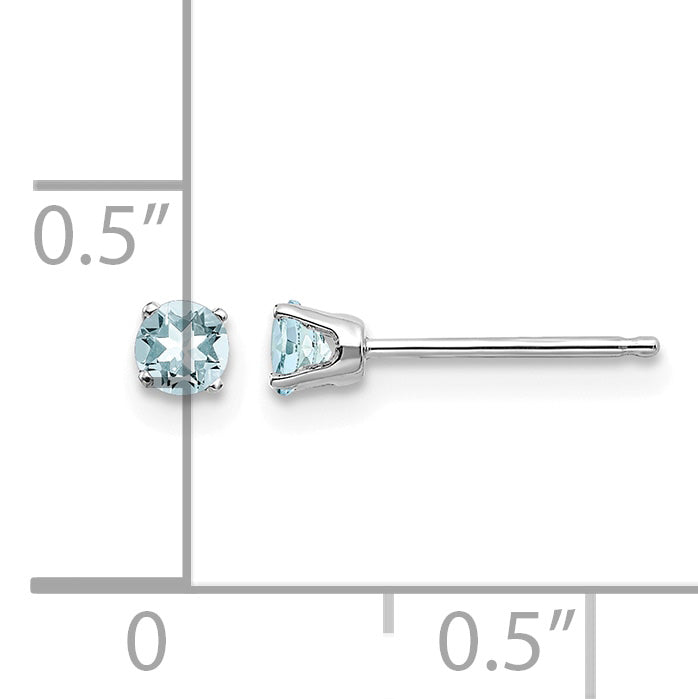14k Round Gemstone Post Earrings - 14k White Gold / Aquamarine / 3 mm