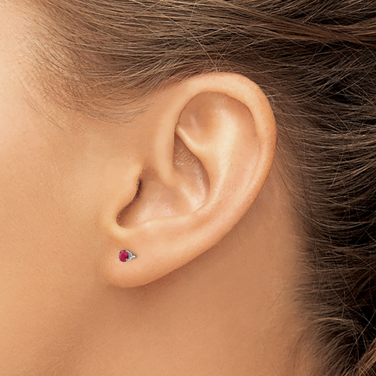 14k Round Gemstone Post Earrings - 14k White Gold / Ruby / 3 mm