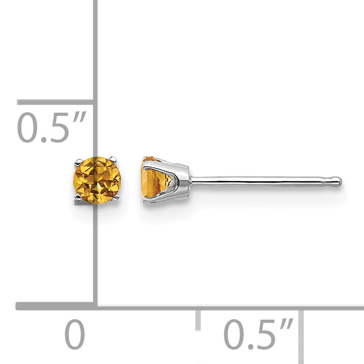 14k Round Gemstone Post Earrings - 14k White Gold / Citrine / 3 mm