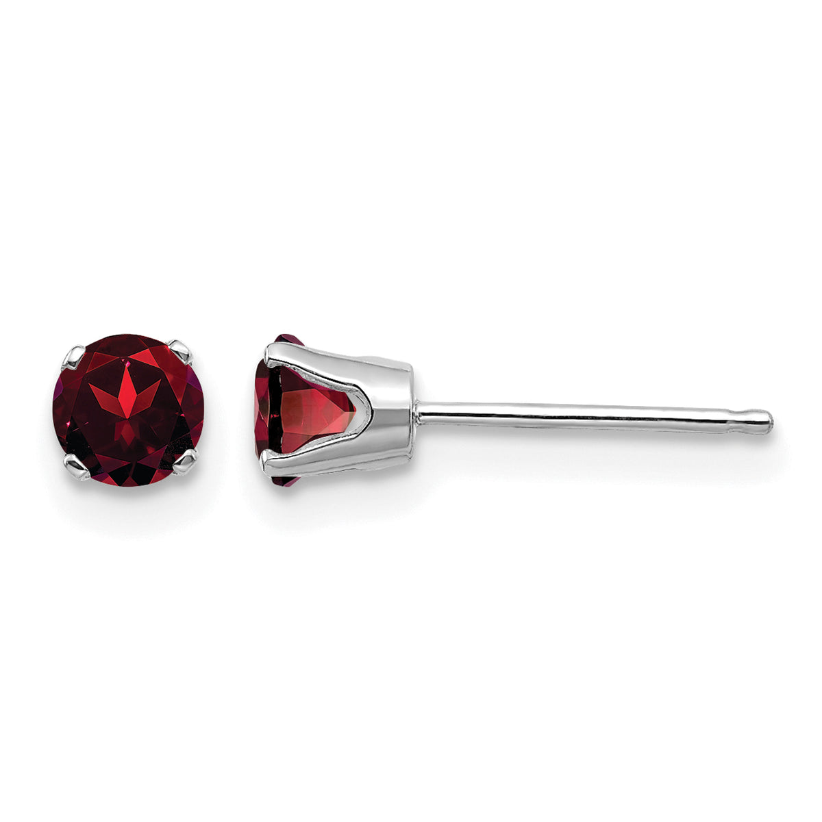 14k Round Gemstone Post Earrings - 14k White Gold / Garnet / 4 mm