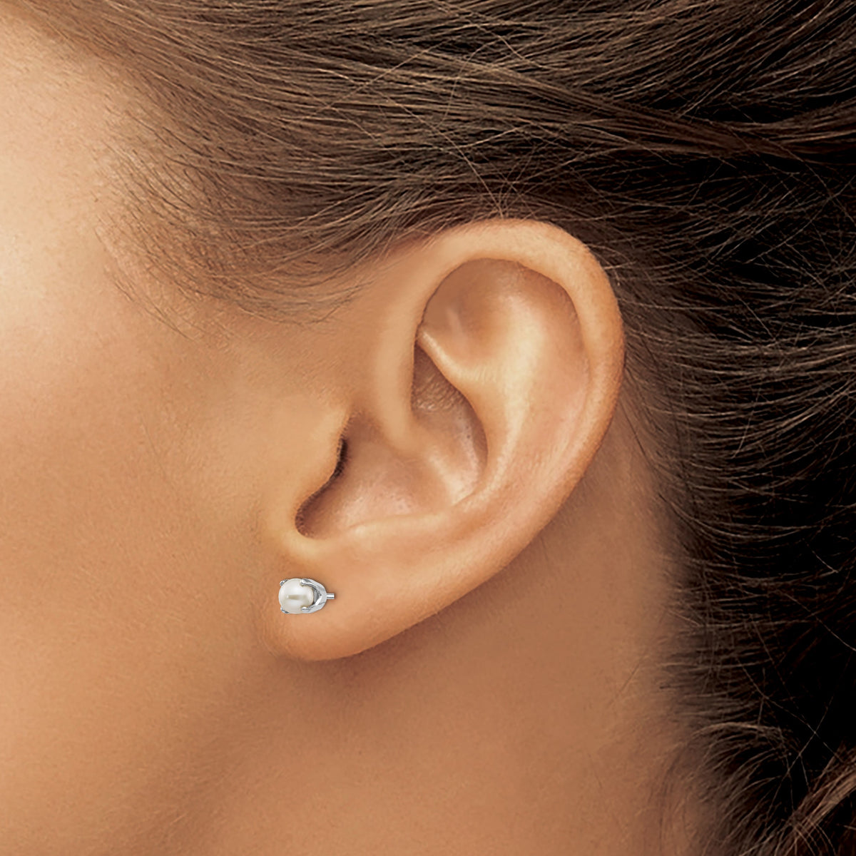 14k Round Gemstone Post Earrings - 14k White Gold / Pearl / 4 mm