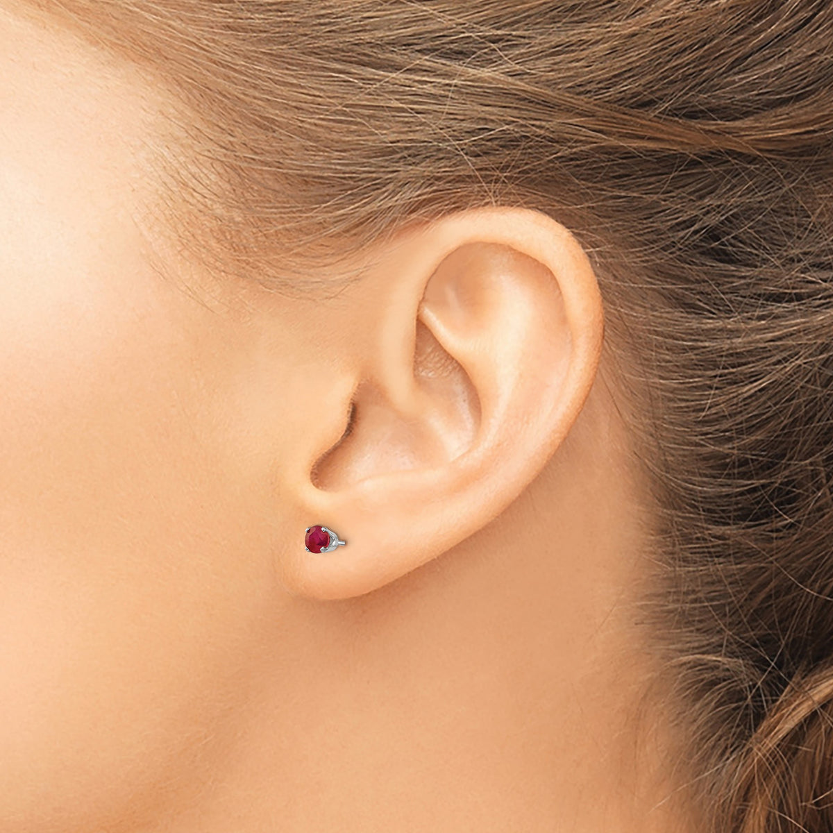 14k Round Gemstone Post Earrings - 14k White Gold / Ruby / 4 mm