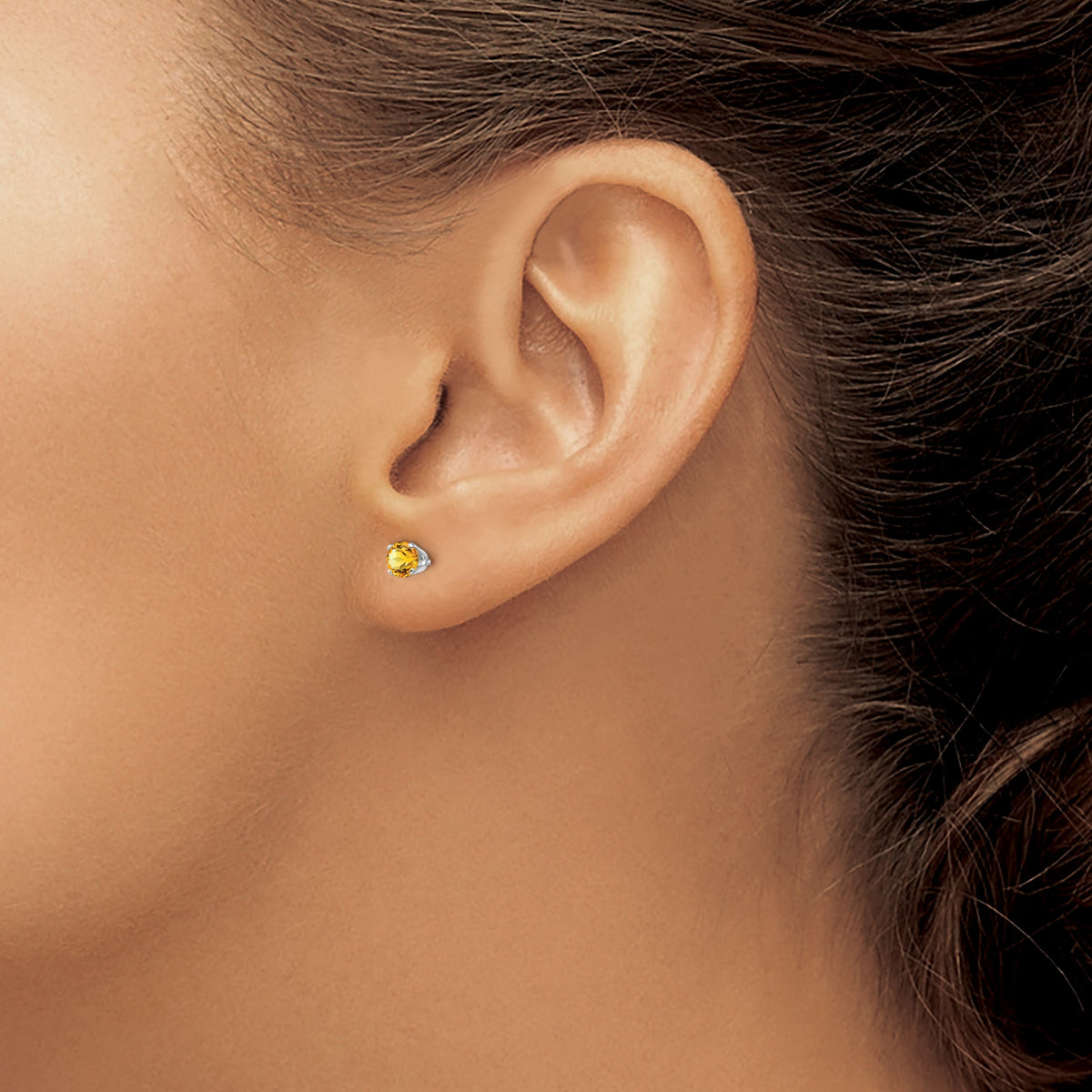 14k Round Gemstone Post Earrings - 14k White Gold / Citrine / 4 mm