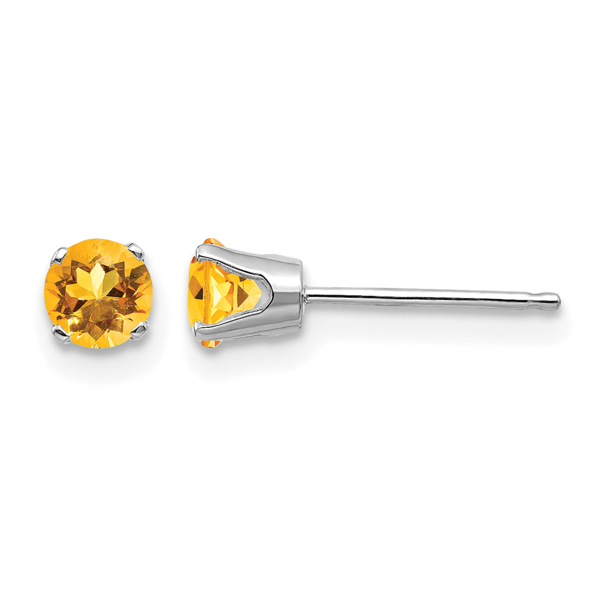 14k Round Gemstone Post Earrings - 14k White Gold / Citrine / 4 mm