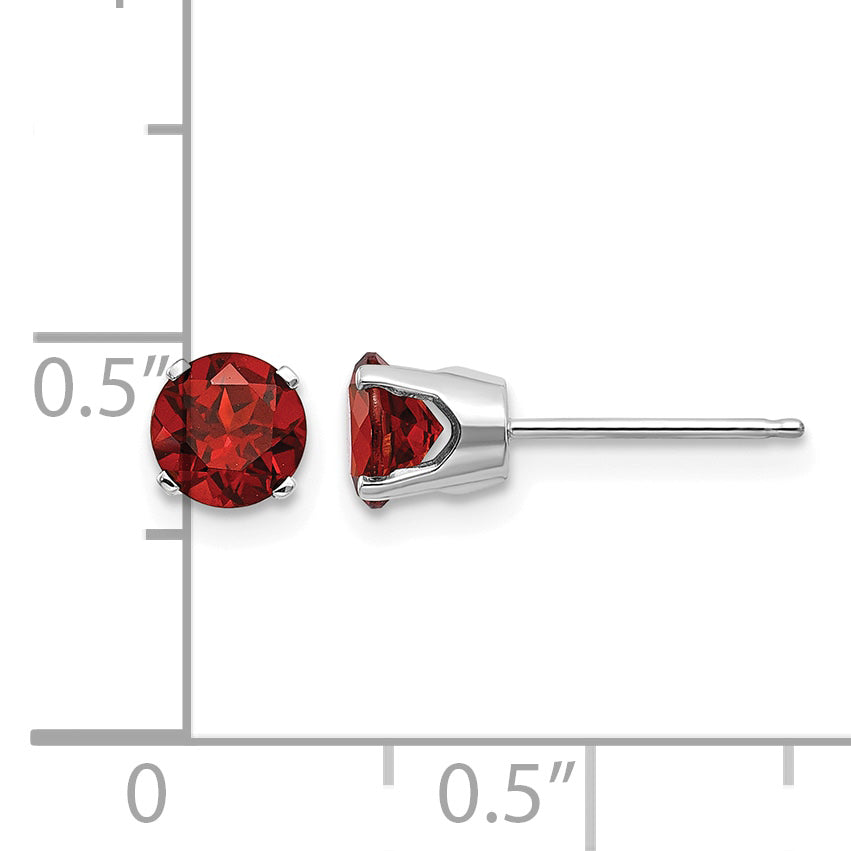 14k Round Gemstone Post Earrings - 14k White Gold / Garnet / 5 mm