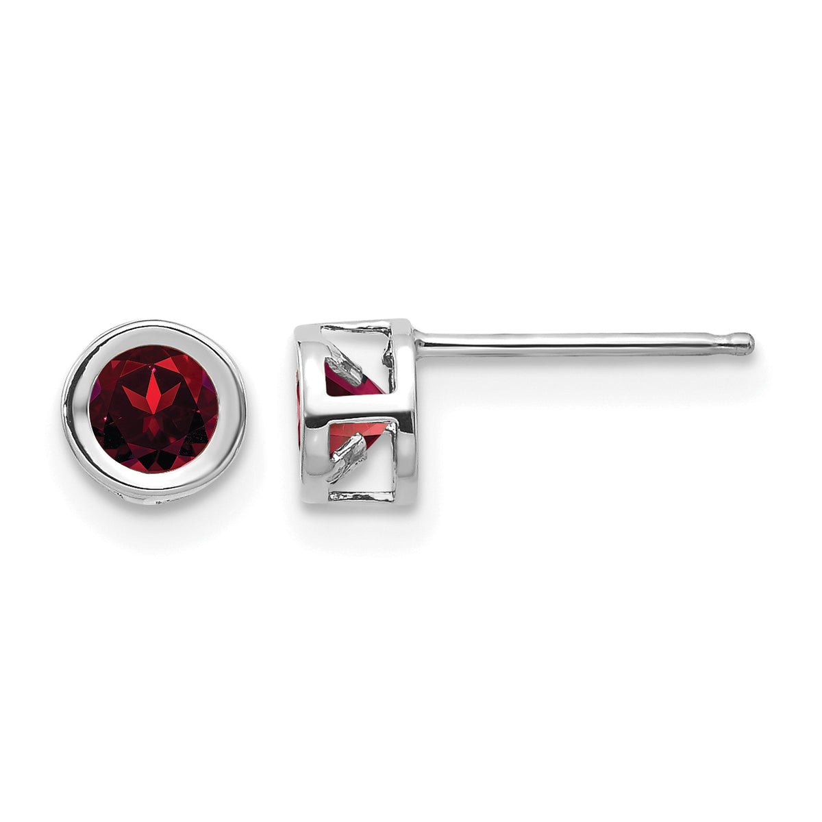 14k Bezel Stud Earrings - 14k White Gold / Garnet / 4 mm