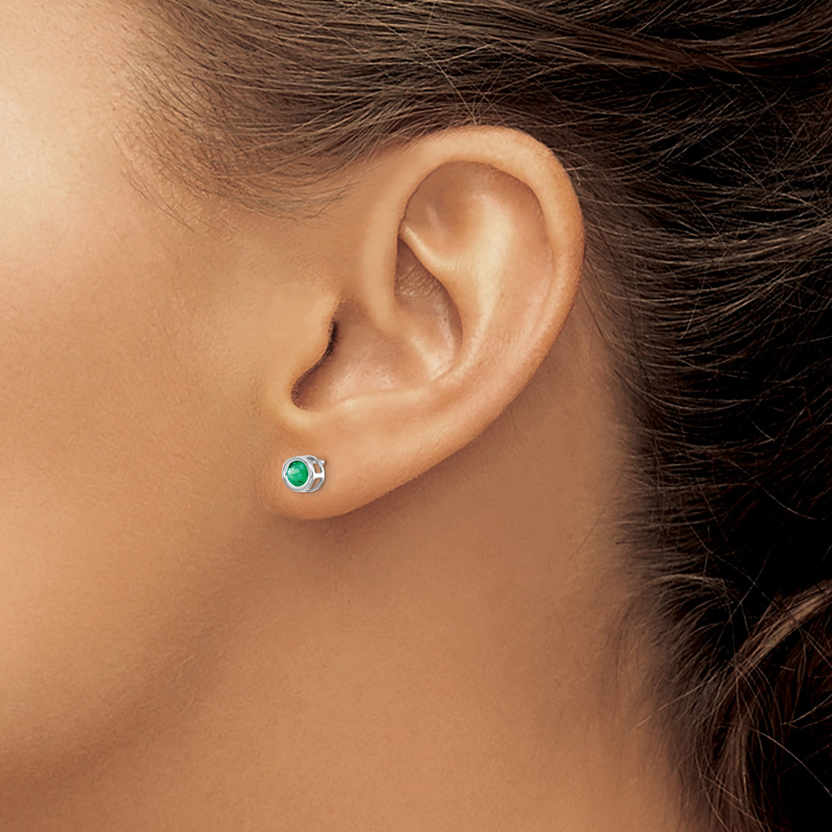 14k Bezel Stud Earrings - 14k White Gold / Emerald / 4 mm