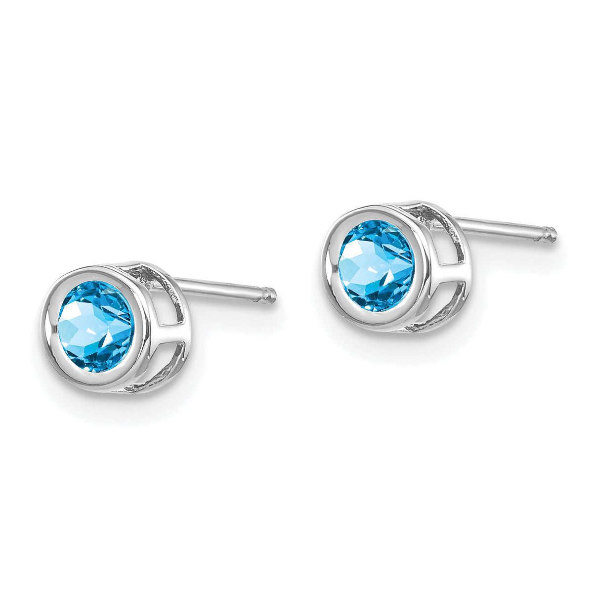 14k Bezel Stud Earrings - 14k White Gold / Topaz (Swiss Blue) / 4 mm