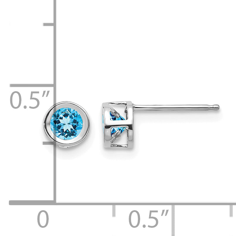 14k Bezel Stud Earrings - 14k White Gold / Topaz (Swiss Blue) / 4 mm