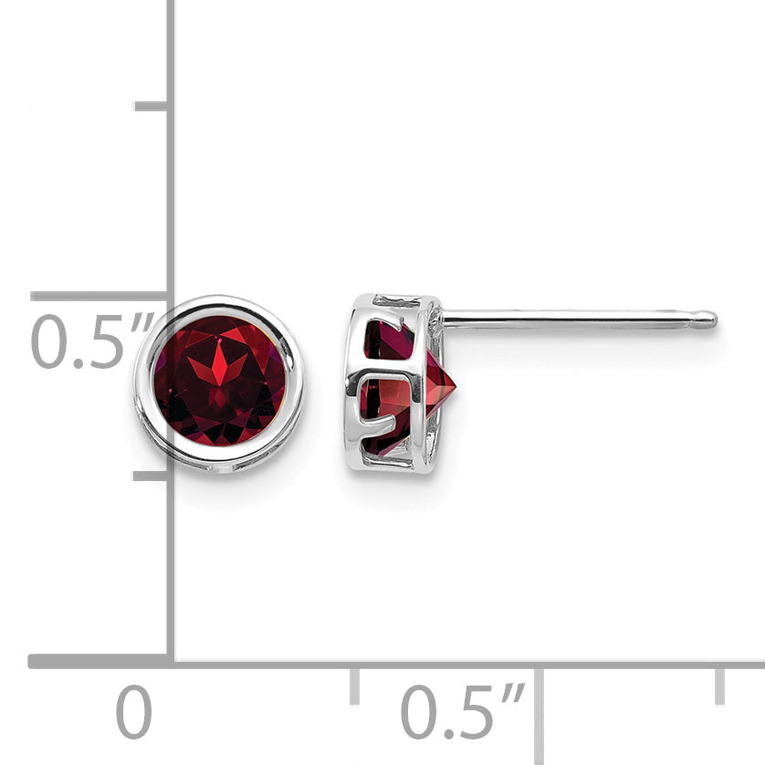 14k Bezel Stud Earrings - 14k White Gold / Garnet / 5 mm