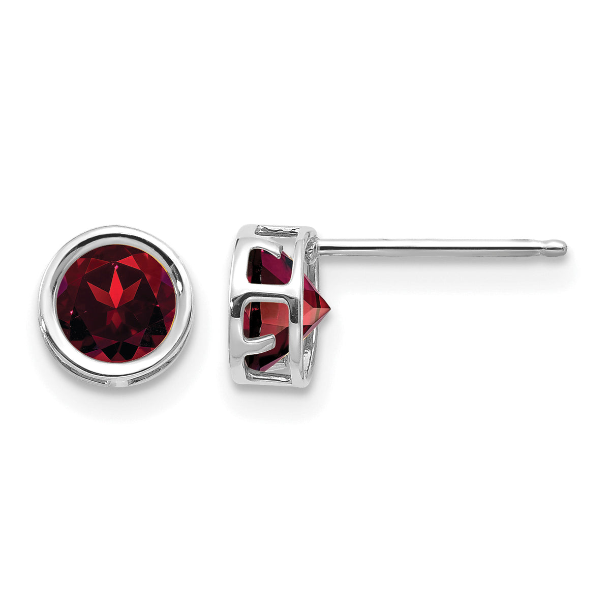 14k Bezel Stud Earrings - 14k White Gold / Garnet / 5 mm