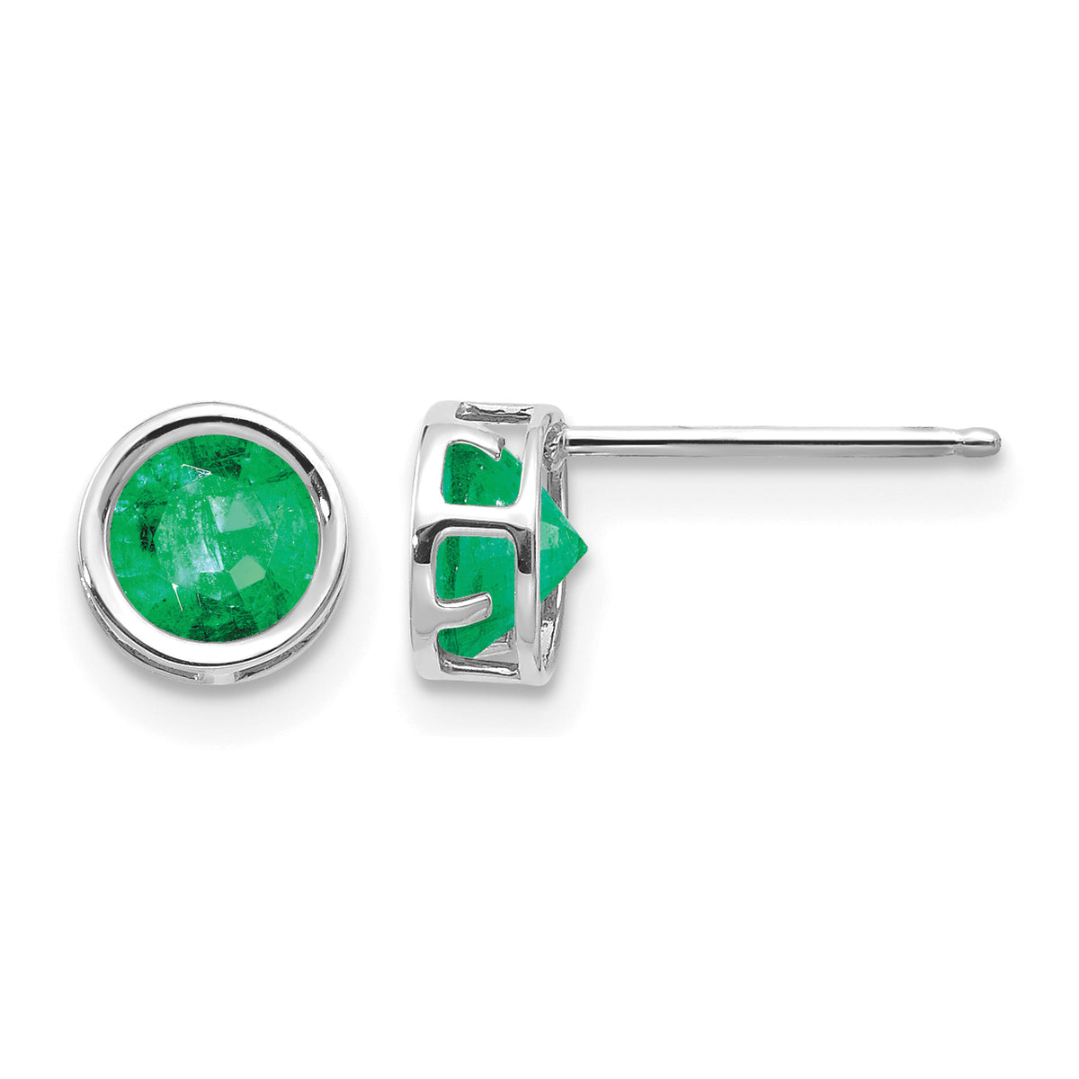 14k Bezel Stud Earrings - 14k White Gold / Emerald / 5 mm