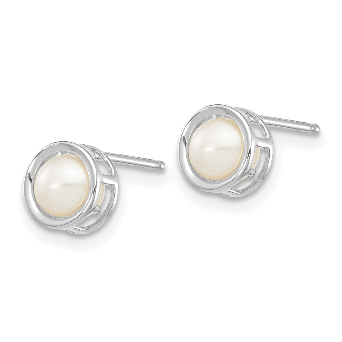 14k Bezel Stud Earrings - 14k White Gold / Pearl / 4.5 mm