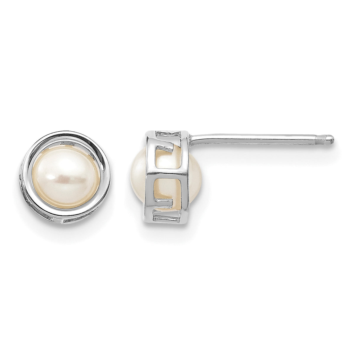 14k Bezel Stud Earrings - 14k White Gold / Pearl / 4.5 mm