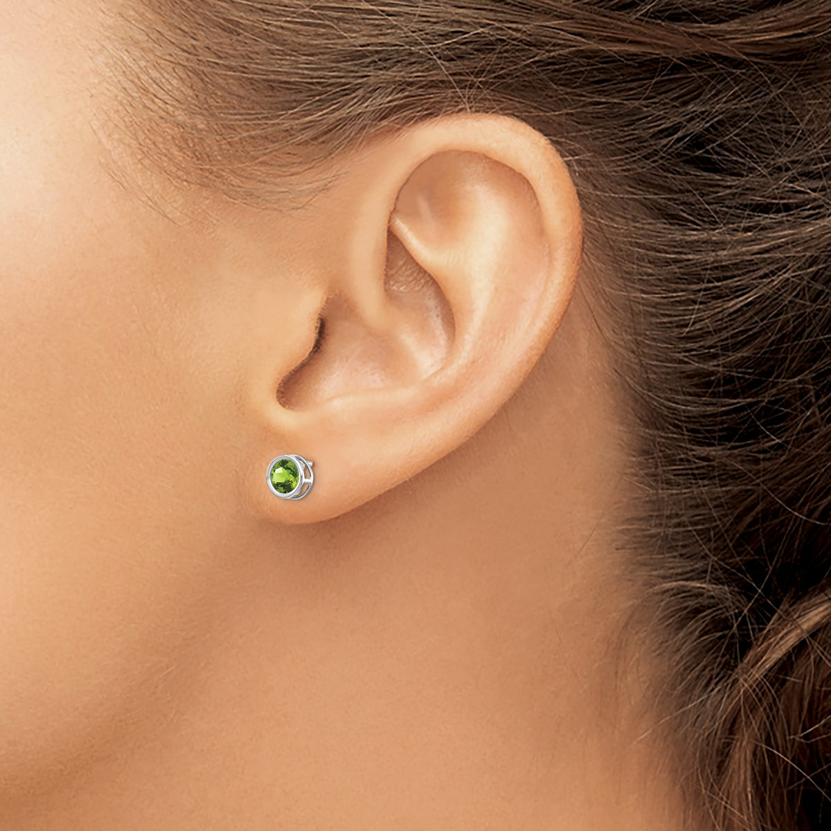 14k Bezel Stud Earrings - 14k White Gold / Peridot / 5 mm