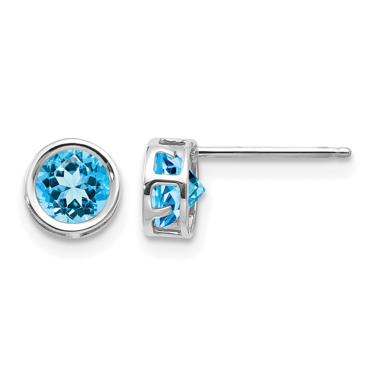 14k Bezel Stud Earrings - 14k White Gold / Topaz (Swiss Blue) / 5 mm