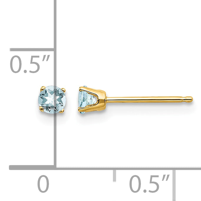 14k Round Gemstone Post Earrings - 14k Yellow Gold / Aquamarine / 3 mm