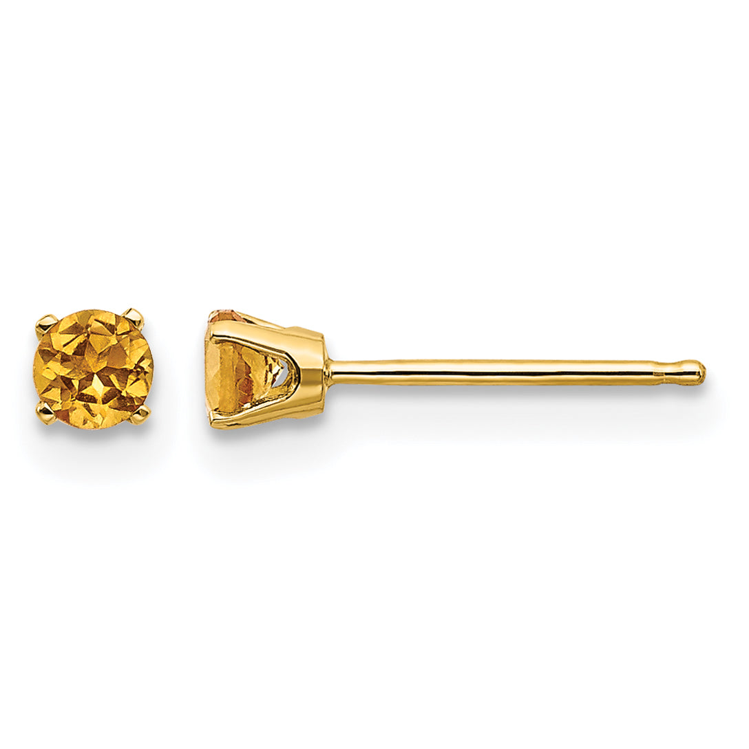 14k Round Gemstone Post Earrings - 14k Yellow Gold / Citrine / 3 mm