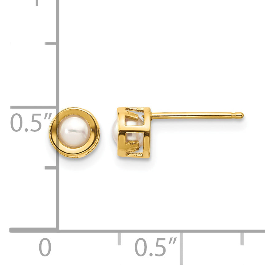 14k Bezel Stud Earrings - 14k Yellow Gold / Pearl / 3.50 mm
