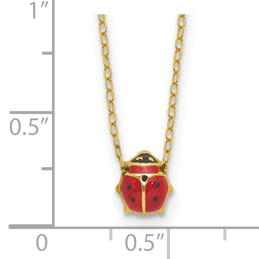 14k Yellow Gold Children's Enameled Ladybug Necklace, 17-18 inch, shown with a ruler for scale