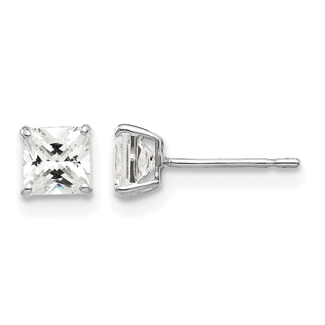 Round CZ Post Earrings - 14k White Gold / Square / 4 mm