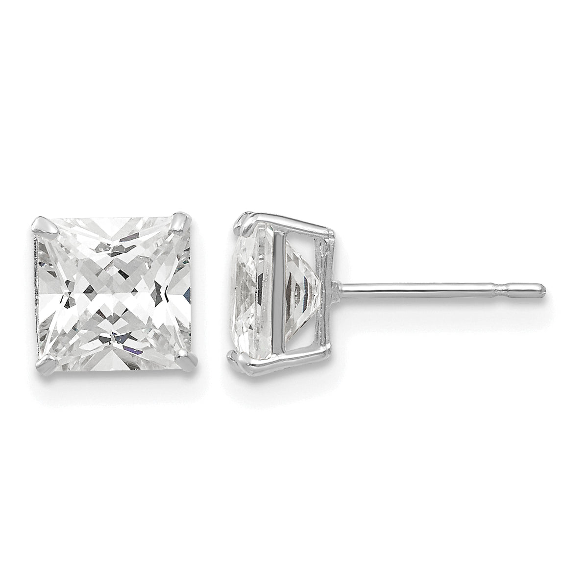 Round CZ Post Earrings - 14k White Gold / Square / 6 mm