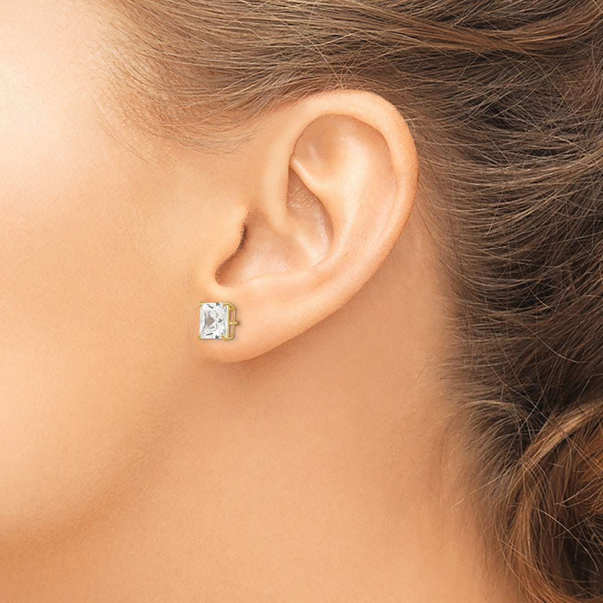 Round CZ Post Earrings - 14k Yellow Gold / Square / 7 mm